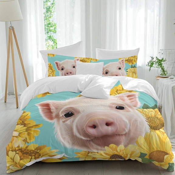 Funny Cute Pig Queen Size Comforter Set, Farm Animal Yellow Sunflowers Teal Pastoral Bedding for All Seasons, 4 Pcs Bed Set, 1Quiltcover (90"x92") ,1Sheet(94"x116"), 2Pillowcases (30"x20")