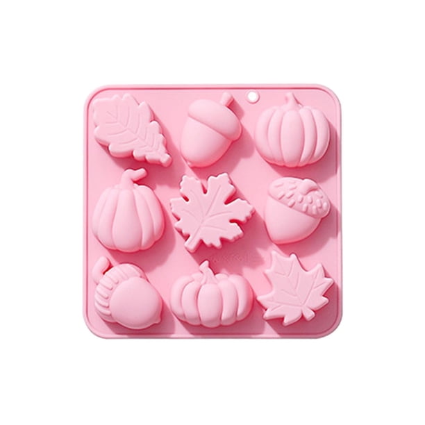 9 moldes de silicona con forma de hojas de calabaza y frutas para pasteles de chocolate con temática otoñal.