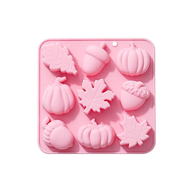9 moldes de silicona con forma de hojas de calabaza y frutas para pasteles de chocolate con temática otoñal.