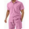 thumbnail image 3 of Men 2 Piece Outfit Solid Short Sleeve Button Shirt and Drawstring Shorts Summer Casual Set Pale M, 3 of 6