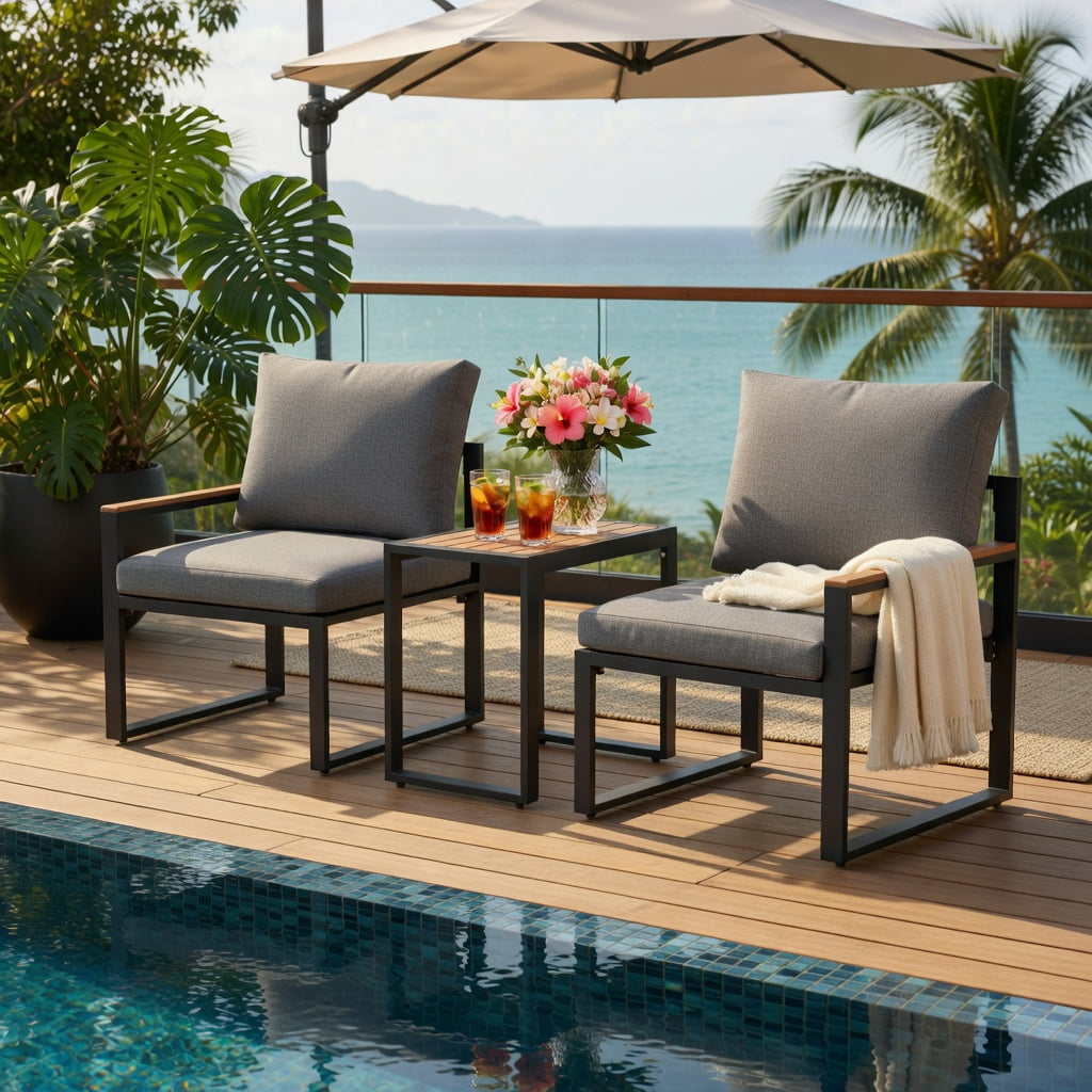 Hommoo 3-Piece Aluminum Outdoor Conversation Set, Weather-Resistant Patio Seating with Thick Olefin Cushions, WPC Coffee Table, Adjustable Feet for Deck, Porch & Poolside, Gray