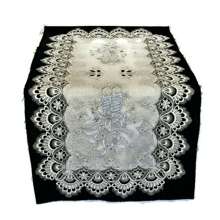 

Doily Boutique Christmas Table Runner with White Candles and Lace on Antique White Fabric Size 55 x 16 inches