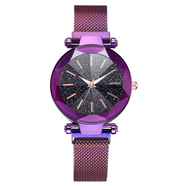 Reloj de pulsera de cuarzo para mujer a la moda, botón magnético, correa de malla, reloj de pulsera con esfera redonda de aleación (púrpura)