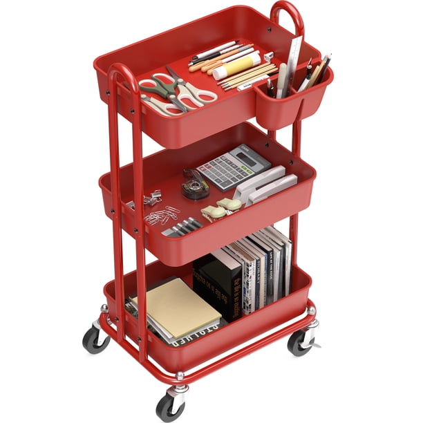 Rolling Utility Cart, artículos para el hogar sencillos de 3 niveles con cubo para colgar