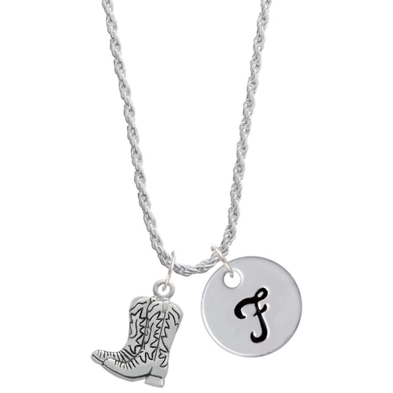Delight Jewelry Silvertone Cowboy Boots Silvertone Script Initial Disc - F - Charm Necklace, 20"+3"