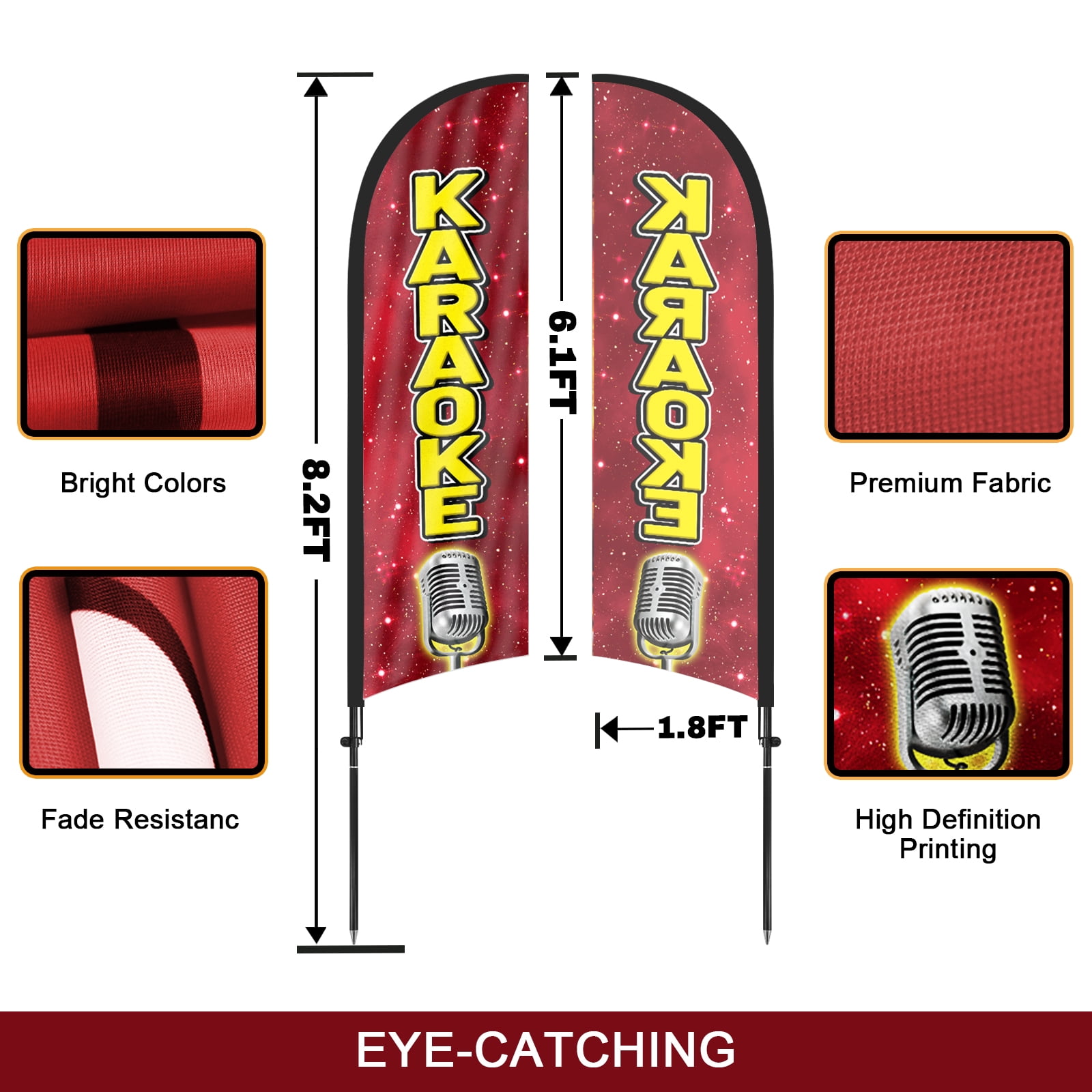 QSUM Karaoke Feather Flag with Flag Pole Kit and Ground Spike, 8.2FT Karaoke Windless Flag Banner Sign Business for Outdoor Advertising Sign Decoration Display