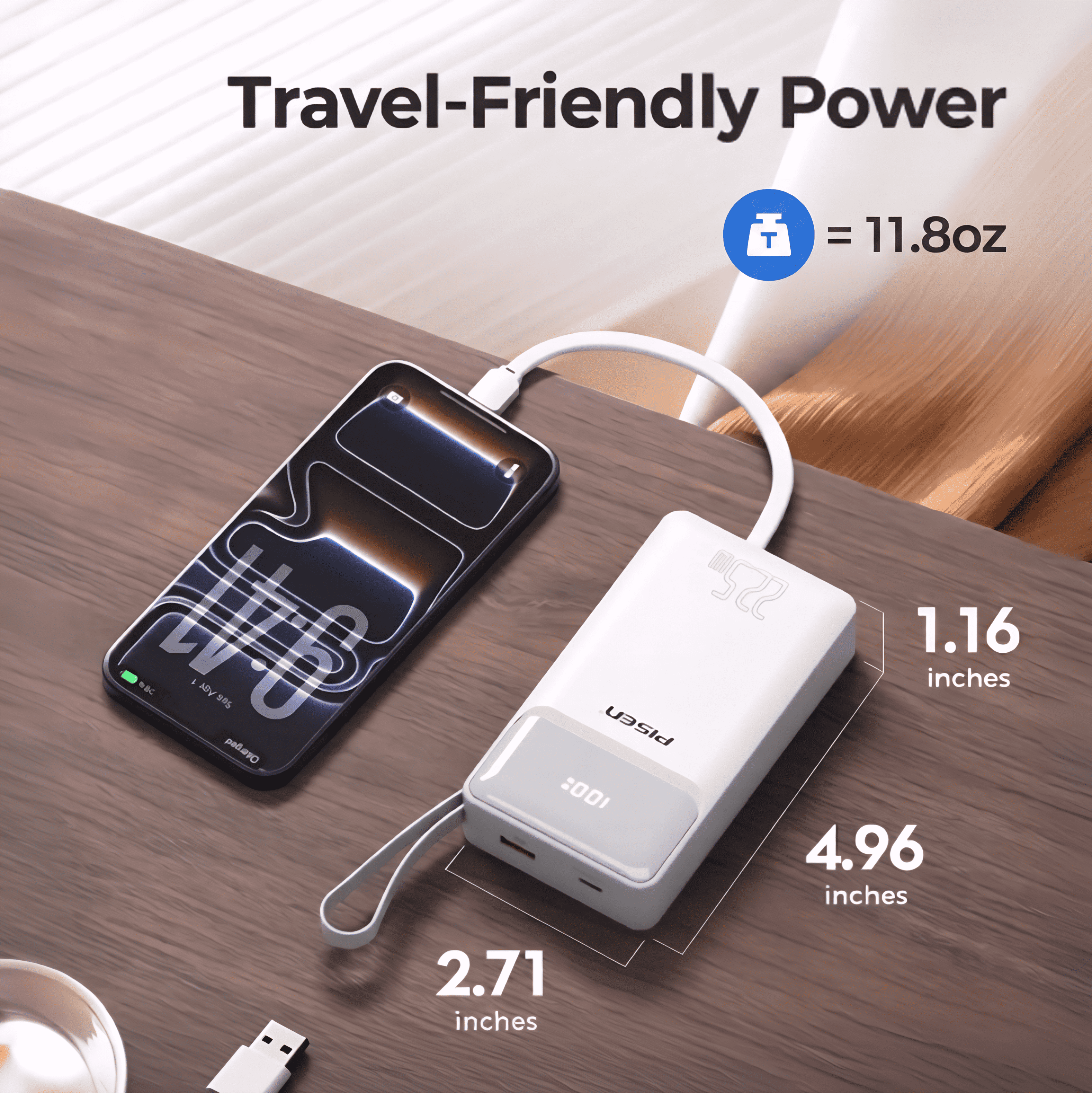 PISEN 20000mAh Portable Charger, 22.5W Fast Charging Power Bank with 2 Built-in Cables, LED Display Battery Pack for iPhone, Samsung, Android Devices, Travel