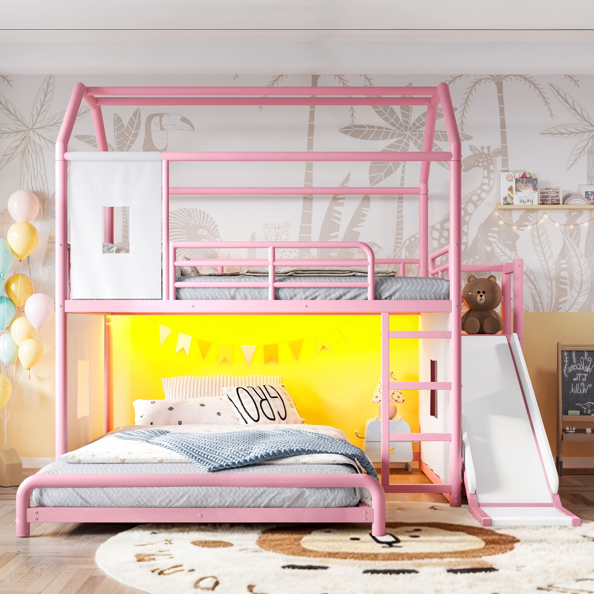 Leumius Full over Full Playhouse Metal Bunk Bed with Slide & Ladder, House Shaped Bunk Bed with LED Light Strip, Privacy Curtain, Movable Storage Cabinet and Hanging Rod for Bedroom Pink