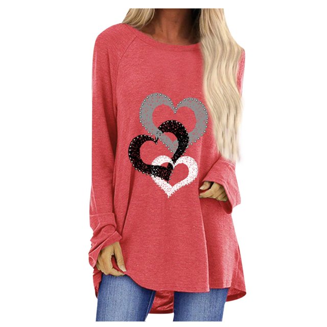 Long Sleeve Shirts for Women Dressy Casual Crew Neck Hem Flowy Tops Color Block Geometry Printed Oversized Loose Tunic Shirts Graphic Tees for Spring Fall #B06-Orange S