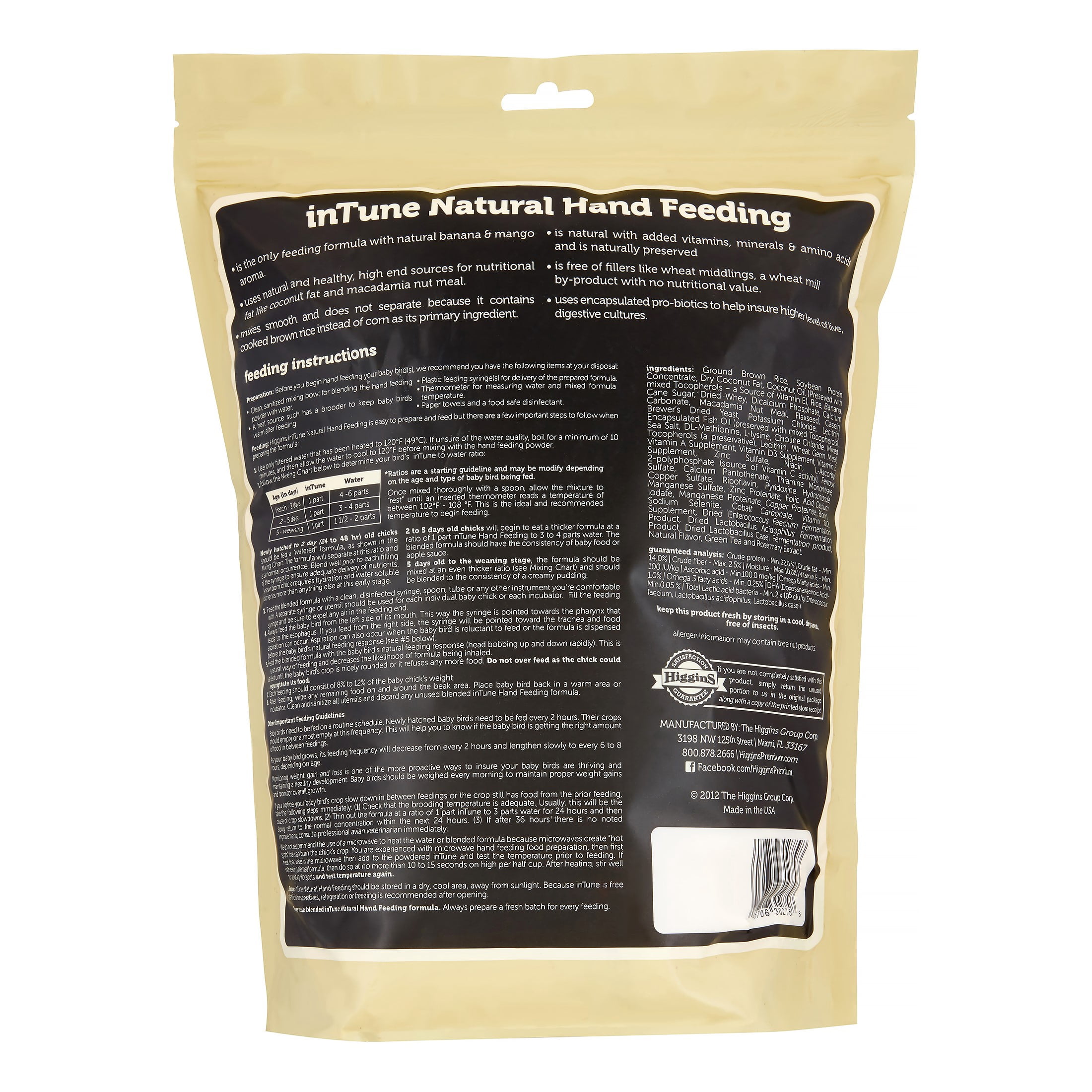 Higgins Intune Natural Hand Feeding Regular Formula Bird Food, 5 Lb