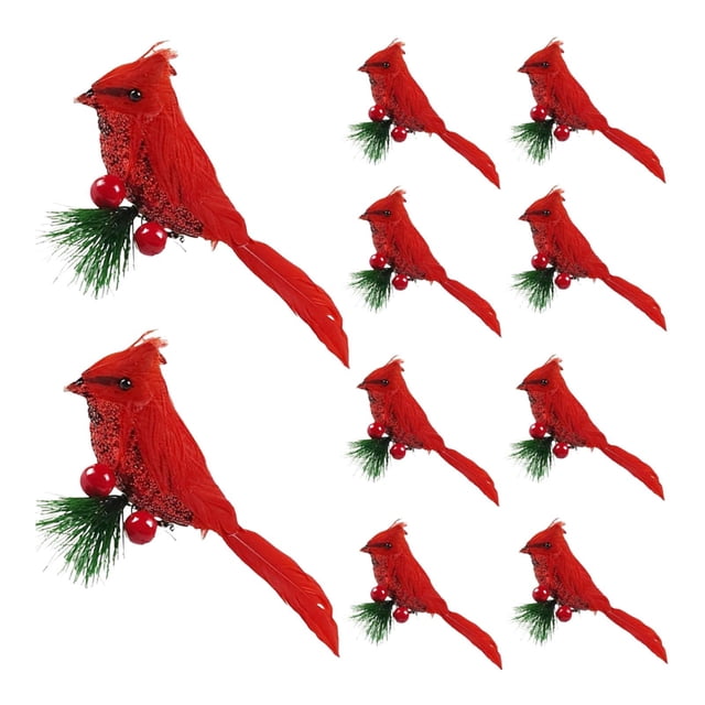 10 pájaros artificiales rojos navideños con ilustraciones de clip, decoraciones de pájaros falsos para centros de mesa de jardín interior y balcón.