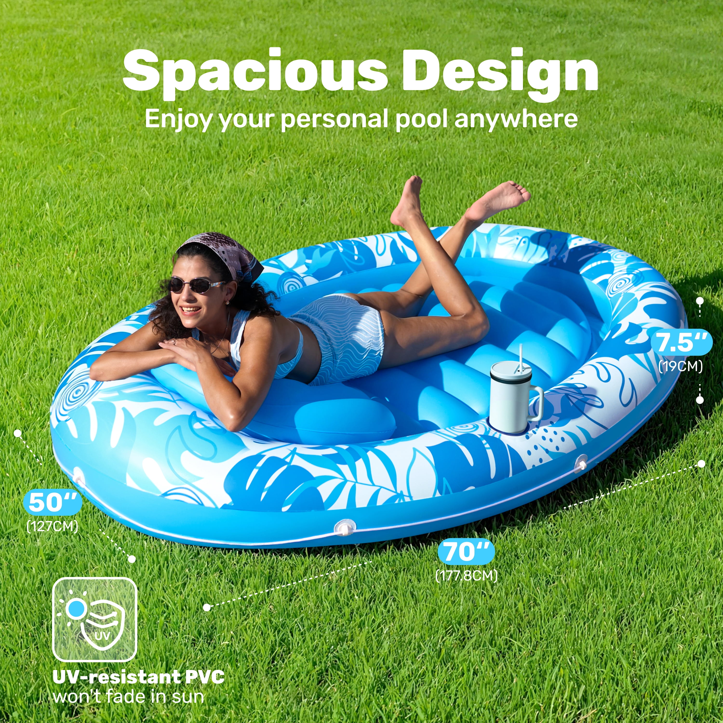 SLOOSH Inflatable Tanning Pool Lounger Float, 70" x 50" Oval Suntan Tub Floatie for Adults, Tanning Pool Suntan Tub Raft Floatie, Sunbathing Bed Lounge for Summer Water Party