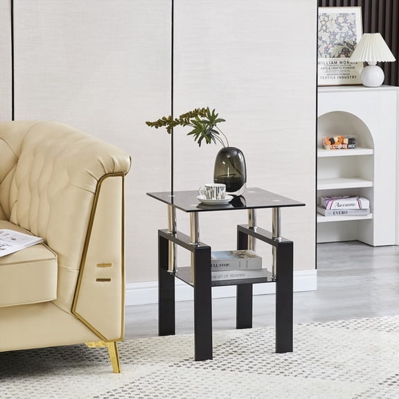 Tempered Black Glass 2-Layer End Table with Storage for Living Room Sofa Side