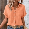 thumbnail image 4 of Tittly Womens Linen Shirt Women'S Gauze Tops Linen Button Up Shirts for Women Womens Blouses Tops Batwing Sleeve Pocket Patched Shirt Work T Shirts Double Layer Wrinkled Fabric Orange, 4 of 6