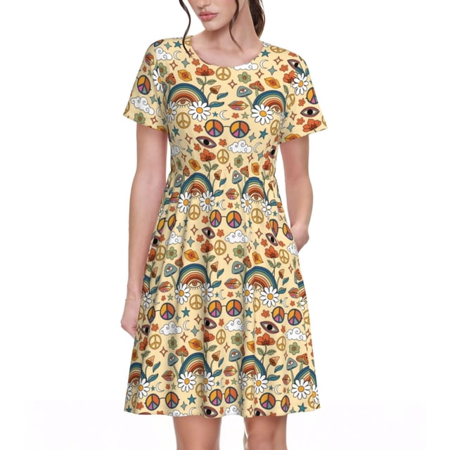 Disketp 70s Hippie Style para Vestido de Manga Corta para Mujeres, Vestidos de Verano para Mujeres, Casual y Holgado para la Playa