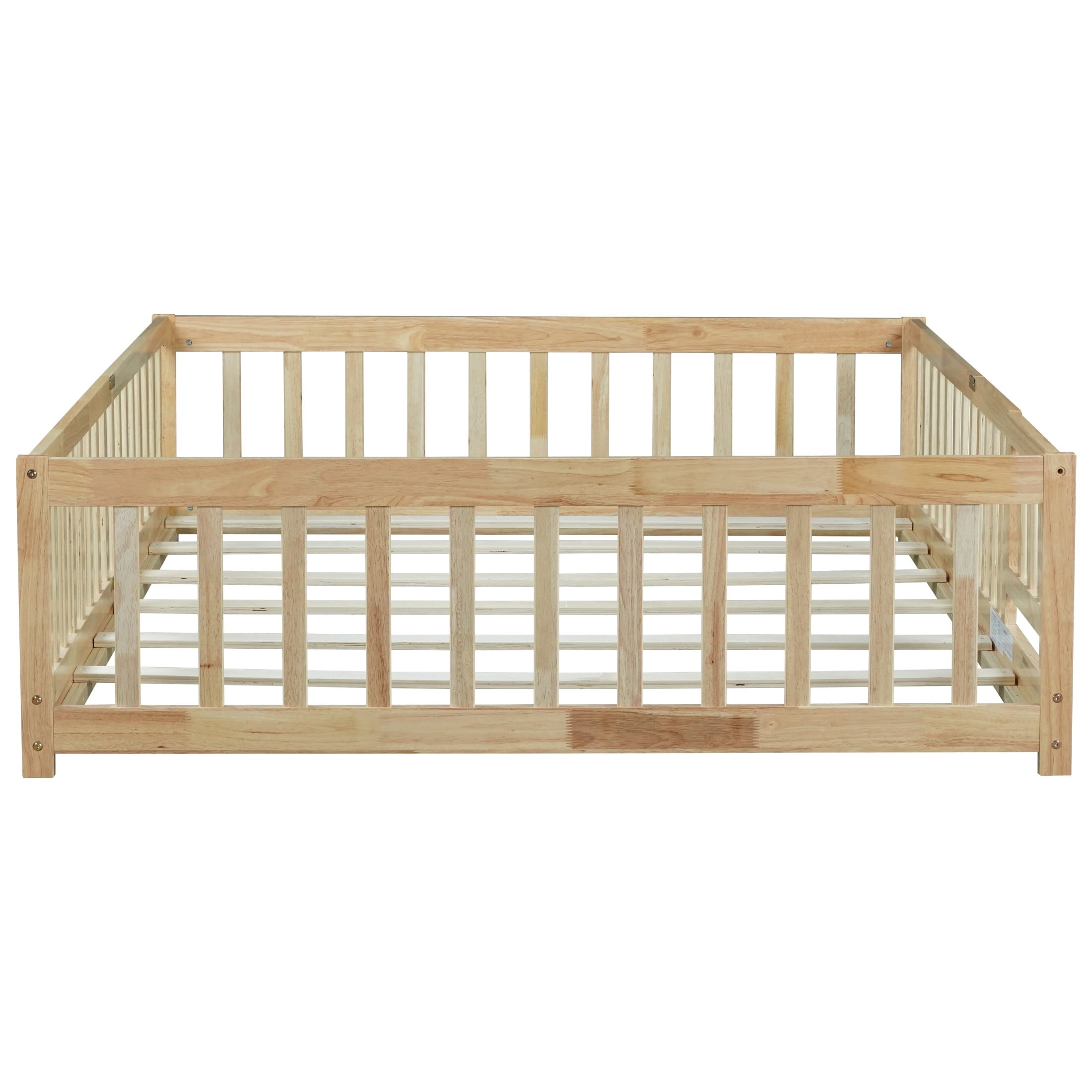 Noble House Amary Full Floor Bed with Safety Fence and Door, Sturdy Rubber Wood Montessori Bed Frame, Natural