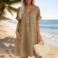 thumbnail image 4 of QUNYINEY Short Sleeve Summer Womens Dresses Midi Casual Faux Cotton Linen A Line Dress V Neck with Pockets Solid Loose Fit Vacation Dresses, 4 of 6