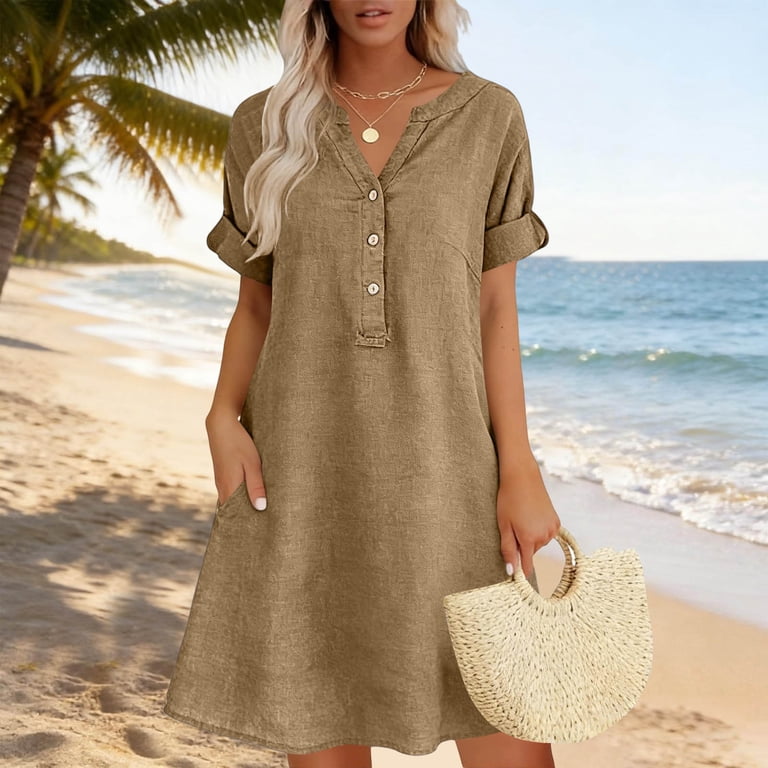 pastel short sleeve dress asdoklhq Cocktail Dress Plus Size Dresses Pastel Dress Ladies Casual V-Neck  Linen Pockets Dress Short Sleeve Dress Pink 4X