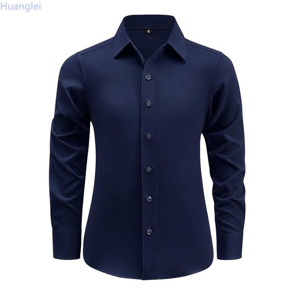 Huanglei Boys Navy Blue Long Sleeve Button Down Collared Shirt (Dark Blue)