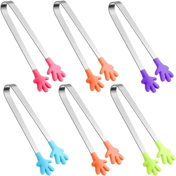SUTENG Silicone Mini Tongs 6PCS, 5 Inch Hand Shape Food Tongs, Colourful Small Kids Tongs for Serving Food, Ice Cube, Fruits, Sugar, Barbecue