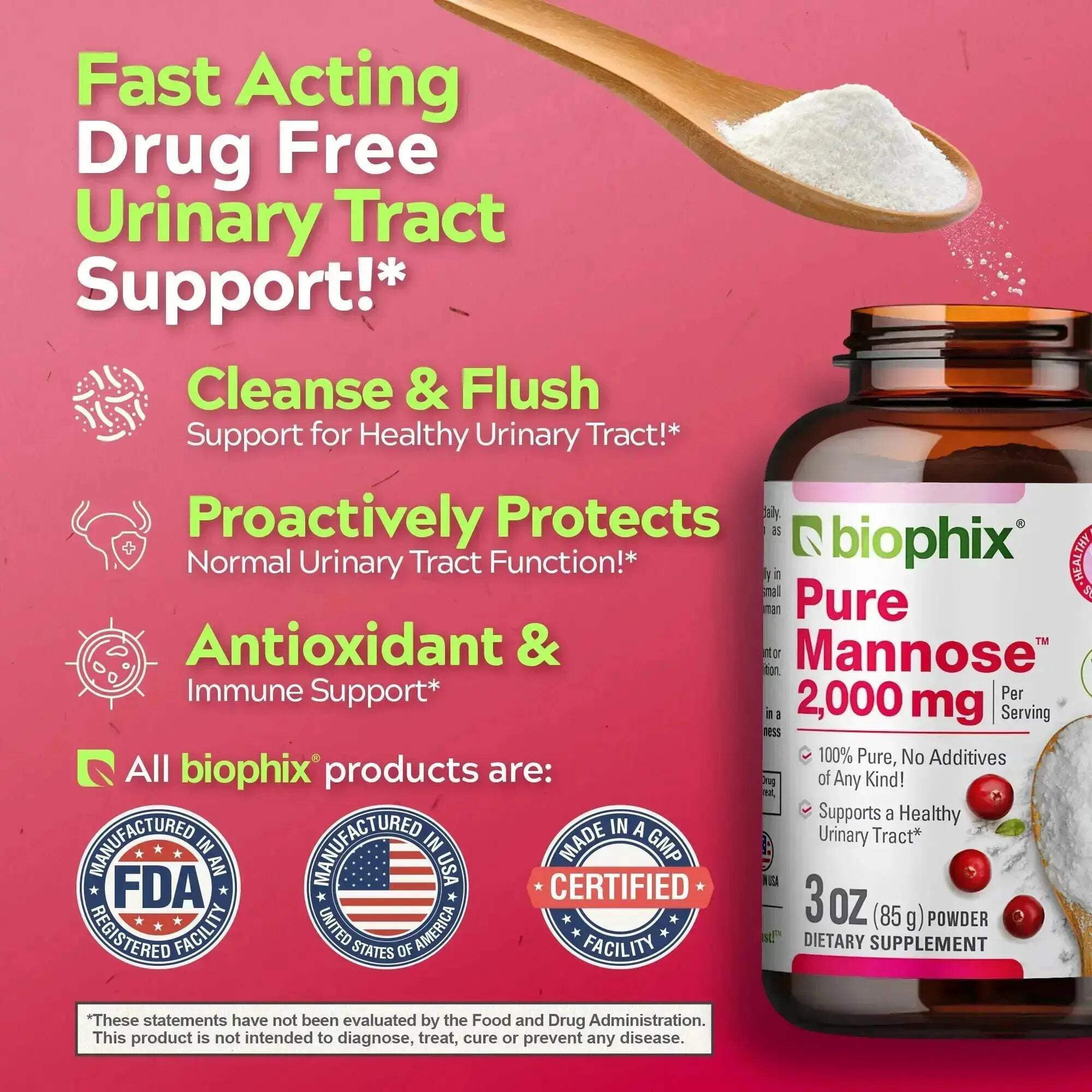 biophix Pure Mannose Powder 2000 mg 3 oz - Free Vitamin D-3 5000 IU 30 Softgels - Supports Urinary Bladder Tract Health