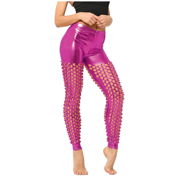 CBGELRT Shiny Glitter Sequin Leggings Fashion Women's Pants Solid Color  Bling Dance Trousers High Waist Push Up Stretch Leggins Tights Hot Pink One