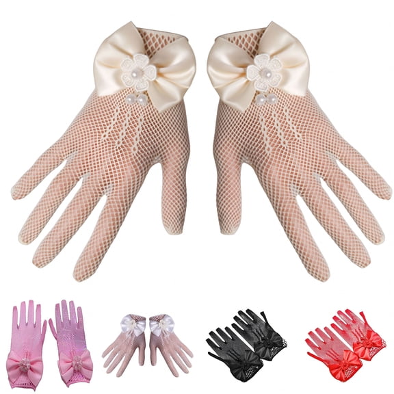TELOLY Lace Gloves for Girls - Tea Party Wedding Flower Girl Gloves, Romantic See-Through Hollow Out Big Bow-Knot Wedding Prom Gloves Kid Gloves