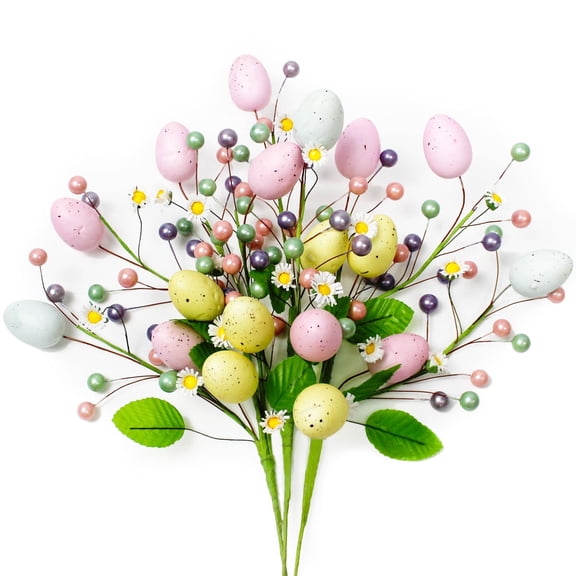 Artificial Easter Flower Decorations, Spring Floral Stems Easter Egg Twig Branches with Colorful Berries for Easter Spring Party Wedding, 3 Pack