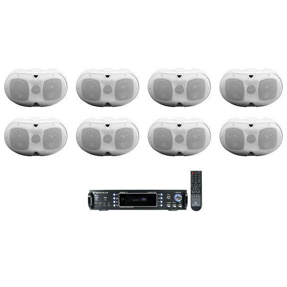 (8) Rockville D4-16 White Dual 4" 16 Ohm Outdoor Restaurant Patio Speakers Amp