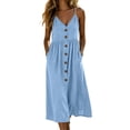 thumbnail image 2 of Atogsazn Womens Summer V Neck Cotton Dress Casual Button Spaghetti Strap Midi Dresses A-Line Sundress Blue L Fashion, 2 of 6