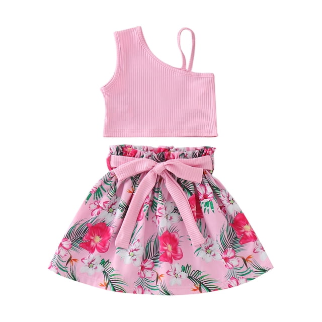 Cathalem Girls 2 Piece Skirt Set Outfit Spring Summer Clothes Peter Pan Collar Tops Ruffle Mini Skirts,Pink 100