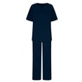thumbnail image 4 of Summer Pants Sets Women 2 Piece Outfits New Fashion Casual Linen Sets 2 Piece Outfits V-Neck Short Sleeve Summer Tops Wide Leg Pants Matching Set Tracksuits Trendy Beach Vacation Outfit Sets Navy M, 4 of 5