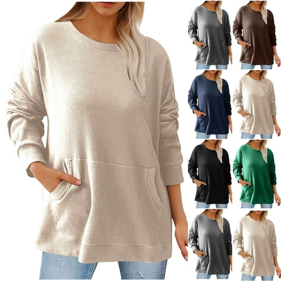 Royisotas Fall Sweatshirts for Women Plus Size Plain Long Sleeve Tunic Waffle Knit Pullover Casual with Kangaroo Pocket Crew Neck Brown No Hood Tops