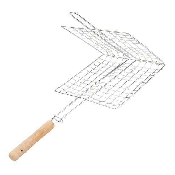 BBQ Grill Basket, Stainless Steel Grilling Basket with Wooden Handle, Portable BBQ Grilling Basket for Fish Meat Vegetable, 18 x 9.1 in / 45.7 x 23 cm Long Handle Grilling Basket