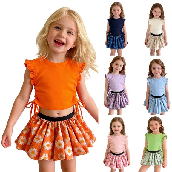 LRen Toddler Girl Outfits, 2 PCS Girls Crop Tops Ruffle Sleeve T-Shirts And Skirts, Summer Ruched Tie Up Basic Tees Shirts Casual Outfits for Kids