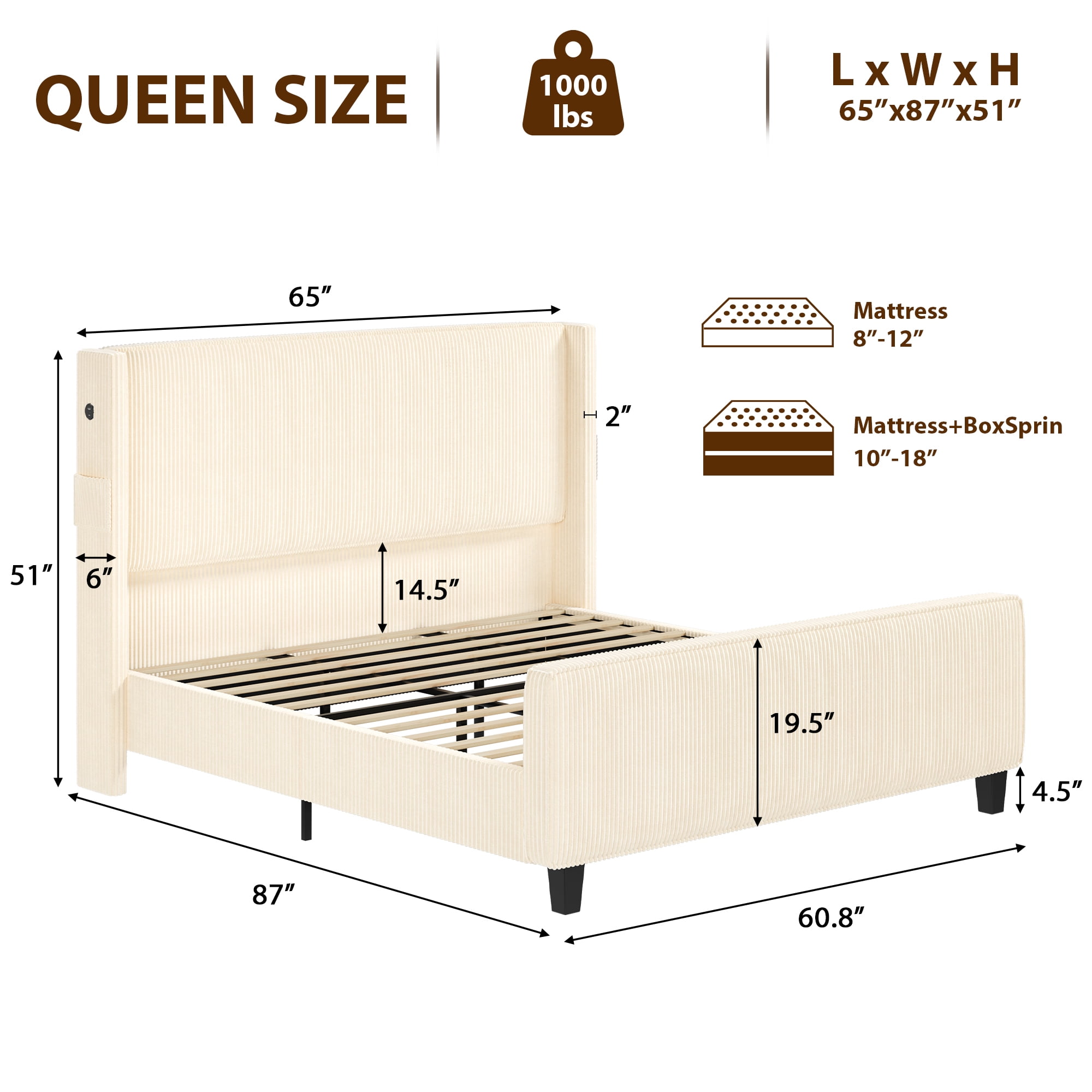 Miniyam Queen Size Upholstered Bed with Wingback Headboard, USB Charging Station for Adult, Beige