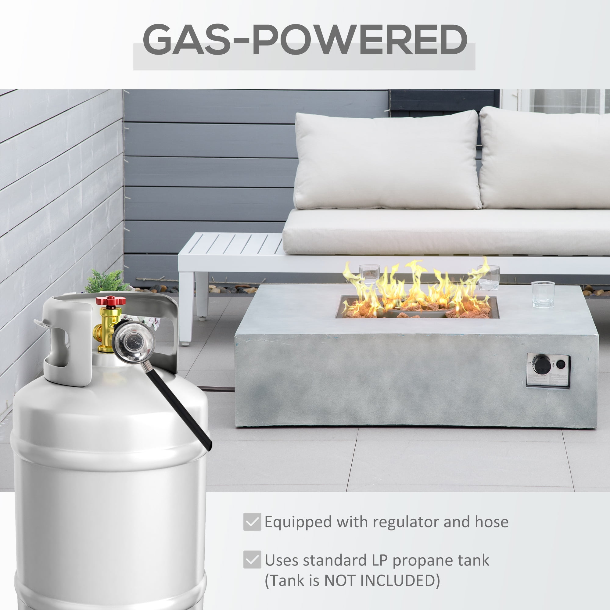 Outsunny Outdoor Propane Fire Pit Table Faux Grey Ledge Stone 42-inch Square Fire Table, 50,000BTU Auto Ignition Gas Firepits with Protective Cover