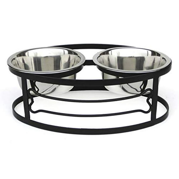 Nmn Designs - Bone Double Diner Pet Feeding Station - Size Small 5 Inches Tall W/ 1 Quart Food-Safe Stainless Steel Bowls With Rubber Gasket Black Metal Elevated Pet Bowl Set Qty 1