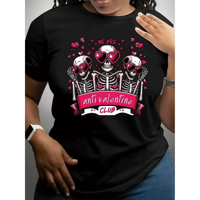 T-Shirt Col Rond Imprimé Cœur Squelette Anti-Valentin, 100 % Polyester, Longueur Régulière, Motif Alphabet, pour Femmes, Manches Courtes Toutes Saisons, Fête des Pères, Fête des Mères