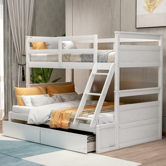 Wood Twin Over Full Bunk Bed with Storage Drawers and Safety Guardrail, Solid Wooden Bedframe for Teens, White