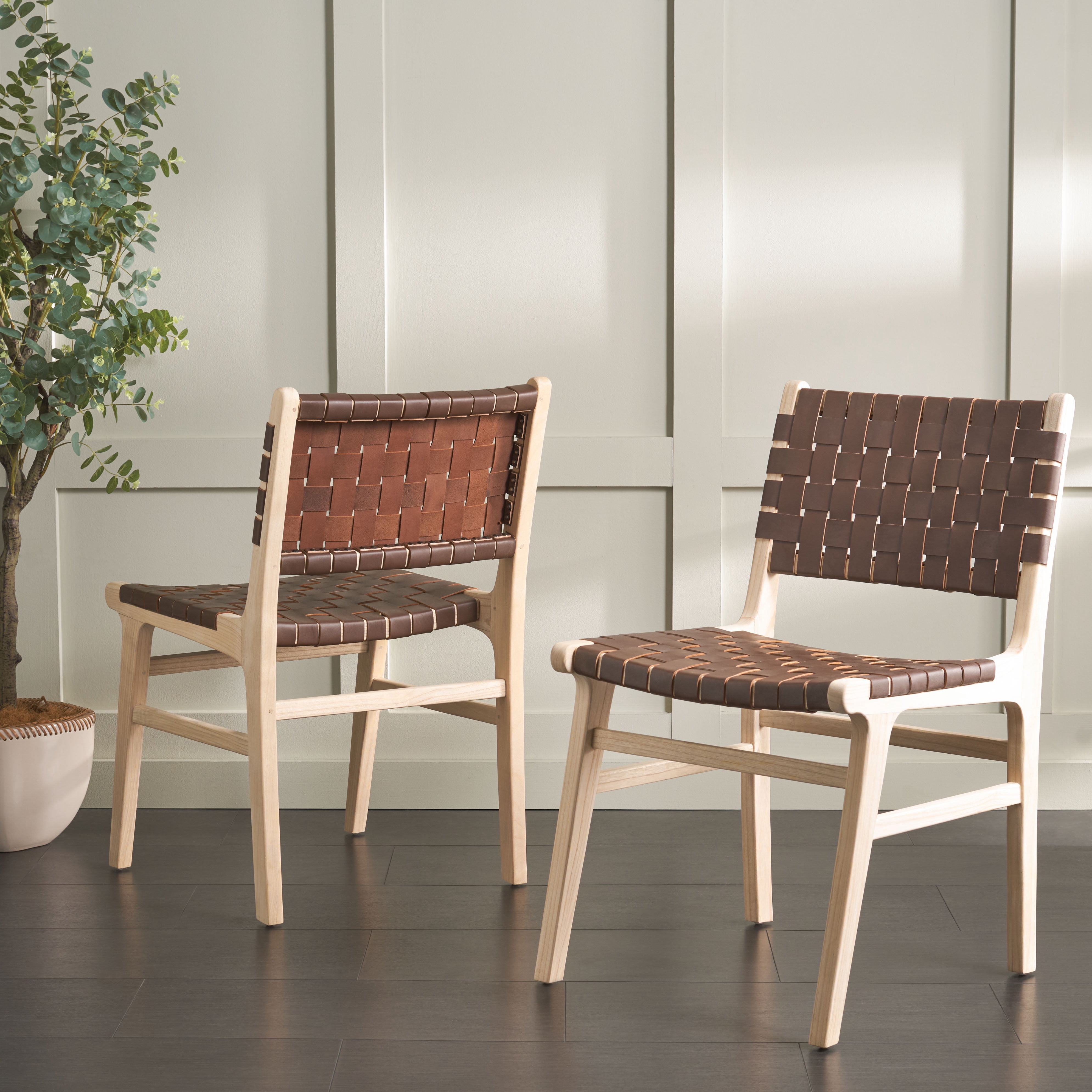 SAFAVIEH Taika Contemporary Leather Solid Dining Side Chair, Cognac/Light Natural (Set of 2)