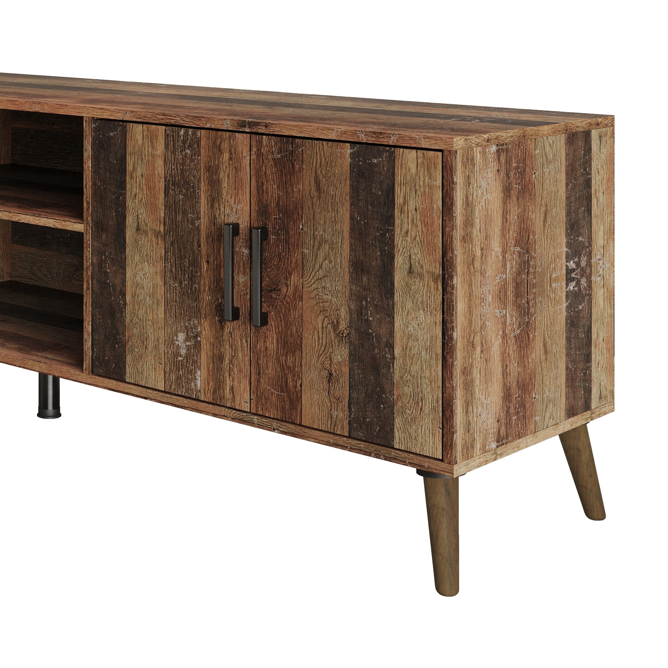 Home Design Juneau 71" TV Stand with Ample Storage, Open Shelves, and Round Cable Hole, Modern Vintage Design for Living Room, Vintage Oak
