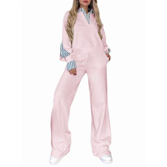 Women'S Turn Down Collar Long Sleeve Shirt and Sweatpants Set Loose Fit Casual Loungewear Pink XXL