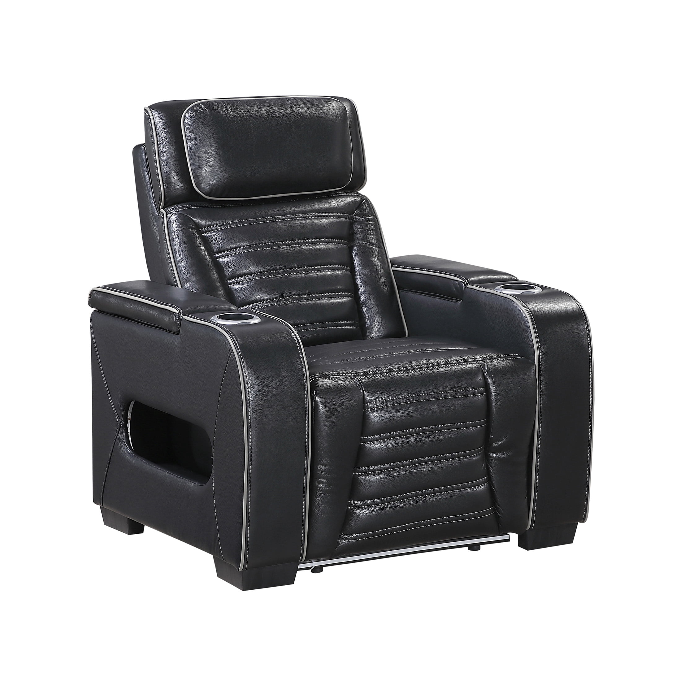 OakvillePark Elantra Leather Match Power Reclining Chair with Power Headrest/Cup holder/Storage Arms/Air Massage/Heat/LED Lighting and Charging Port, Black