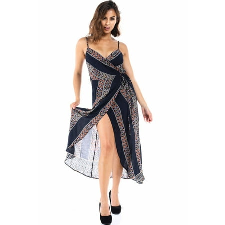Print Surplice Dress - Salt Tree Women's Floral Print Surplice Cut Long Lien Wrap Dress