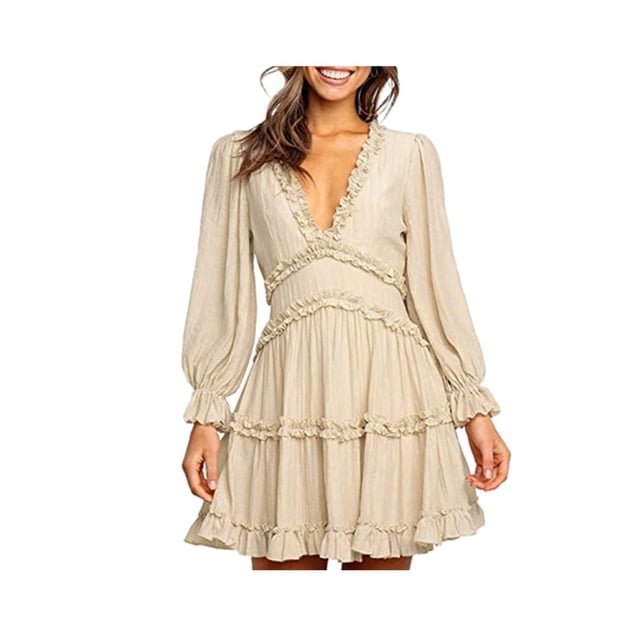 Robes Mini à Manches Longues à Volants Sans Dos, Beige, G