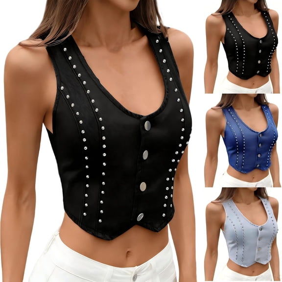 Tqcoqu Women's Vintage Cropped Denim Vest,V Neck Rivet Decor Sleeveless Tops,Slim Fit Waistcoat Jacket for Women,Black Women's S-XL