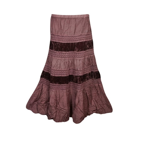 Velvet Tiered Skirt - Mogul Womens Tiered Skirt Velvet Touch Rayon A-LINE Boho Chic Hippy Gypsy Medieval Vintage Skirts