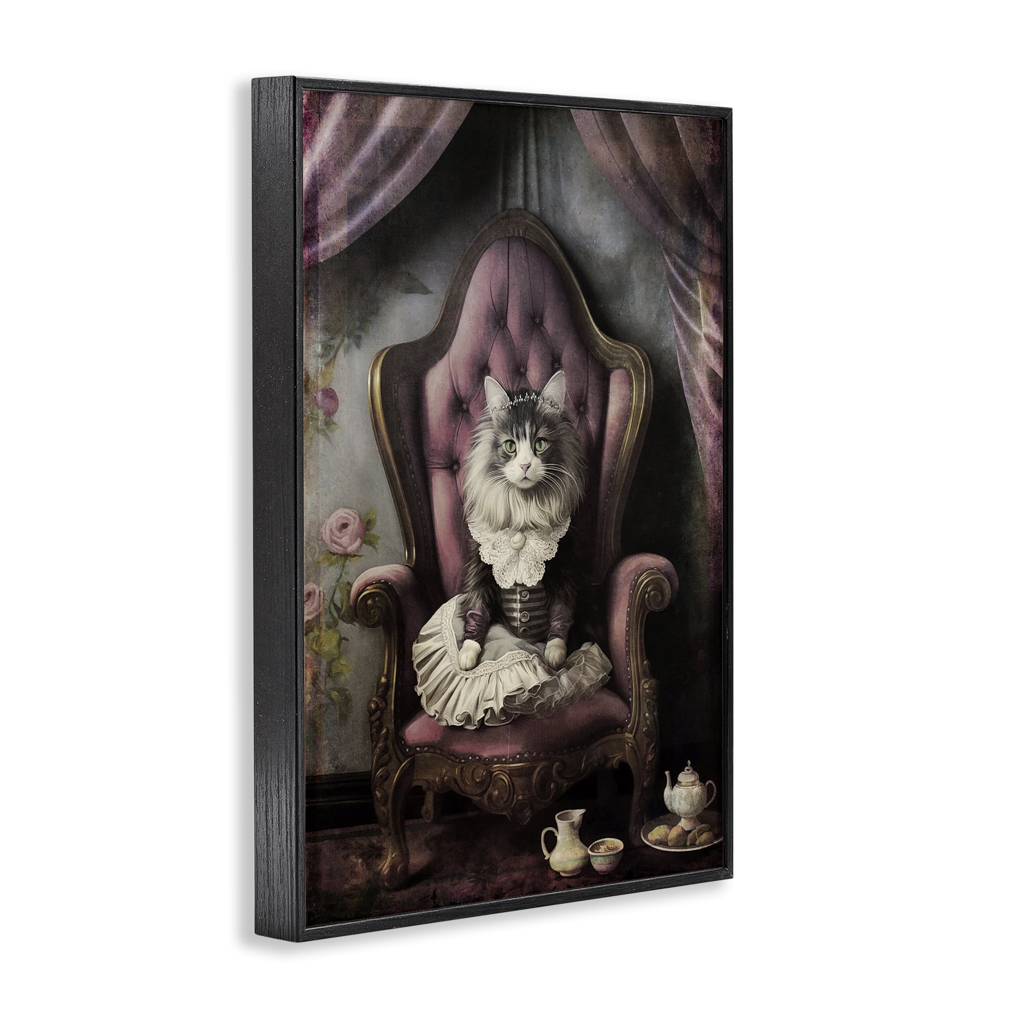 Stupell Industries Royal Cat & Tea Novelty Painting Black Framed Art Print Wall Art, 16 x 24