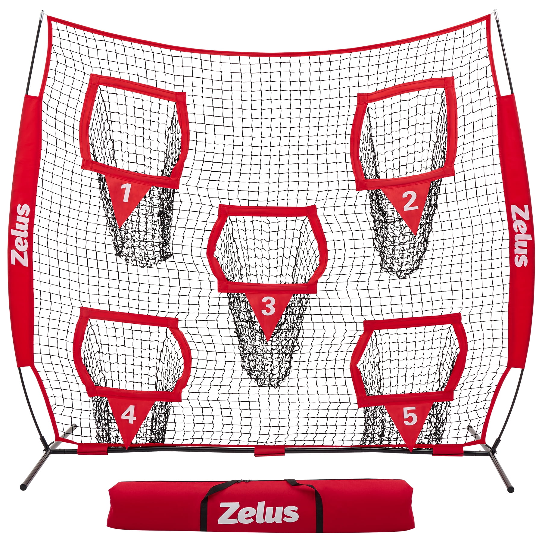 7x7ft Football Throwing Net with 5 Targets - Quarterback Training Gear for All Ages, Includes Carry Bag & Stakes, Red
